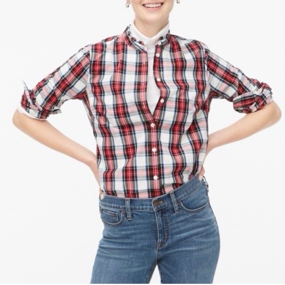 J. Crew Flannel shirt with ruffle collar in white out plaid/multi Size L EUC